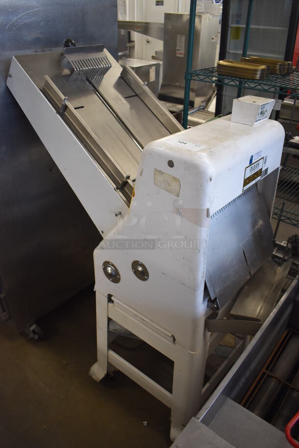 Oliver 797-32-NC Metal Commercial Floor Style Bread Loaf Slicer on Commercial Casters. 115 Volts, 1 Phase. 20x46x57. Tested and Working!