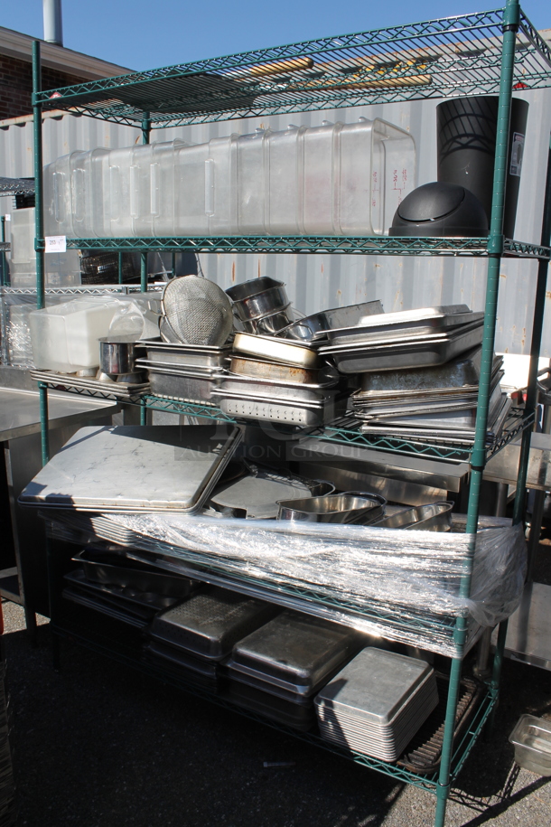Metro Green Metal 5 Tier Wire Shelving Unit w/ Contents Including Poly Bins and Stainless Steel Drop In Bins. BUYER MUST DISMANTLE. PCI CANNOT DISMANTLE FOR SHIPPING. PLEASE CONSIDER FREIGHT CHARGES.