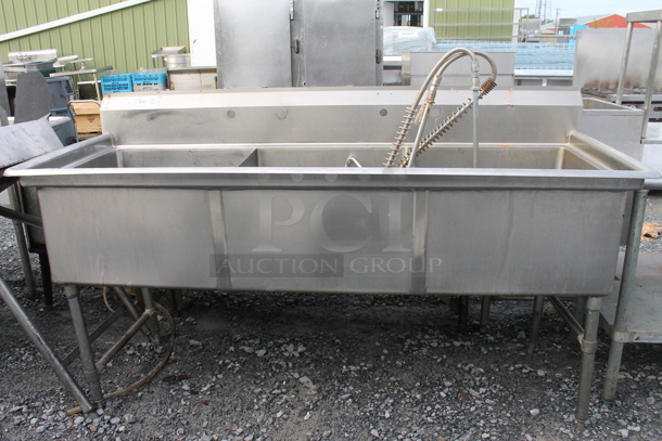 Stainless Steel Commercial 3 Bay Sink w/ 2 Faucets, Handles and Spray Nozzle Attachments. Bays 24x24