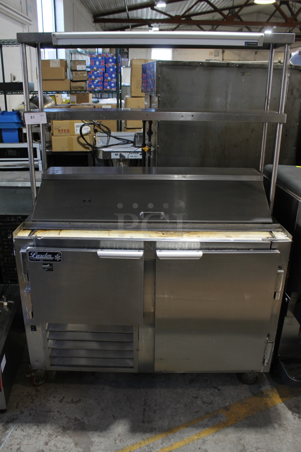 2017 Leader LM48 S/C Stainless Steel Commercial Sandwich Salad Prep Table Bain Marie Mega Top w/ 2 Tier Over Shelf on Commercial Casters. 115 Volts, 1 Phase. Tested and Powers On But Does Not Get Cold