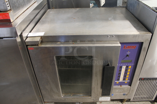 Lang Stainless Steel Commercial Electric Powered Half Size Convection Oven w/ View Through Door and Metal Oven Racks. 208-250 Volts, 3 Phase.