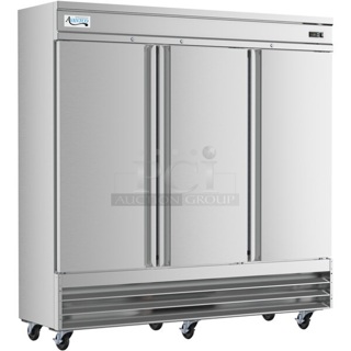 BRAND NEW SCRATCH AND DENT! 2024 Avantco 178SS3FHC Stainless Steel Commercial 3 Door Reach In Freezer w/ Poly Coated Racks. 115 Volts, 1 Phase. Tested and Working!