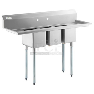 BRAND NEW SCRATCH AND DENT! Regency 600S31014212 58" 16-Gauge Stainless Steel Three Compartment Commercial Sink with Galvanized Steel Legs and 2 Drainboards - 10" x 14" x 10" Bowls. No Legs. 