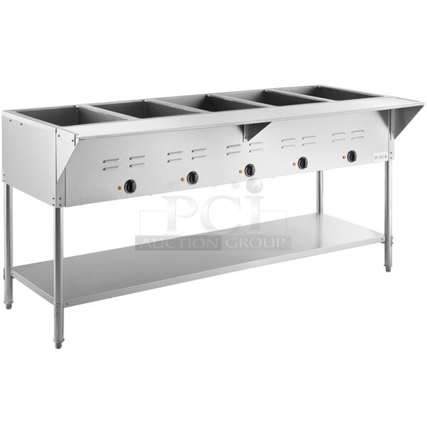 BRAND NEW SCRATCH AND DENT! Avantco 177STE5S Stainless Steel Commercial Electric Powered 5 Bay Steam Table. No Under Shelf. 208/240 Volts, 1 Phase. 