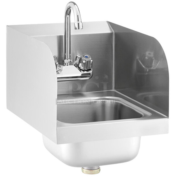 BRAND NEW SCRATCH AND DENT! Steelton 522HS1216S Stainless Steel 12" x 16" Wall Mounted Hand Sink with Gooseneck Faucet and Side Splashes