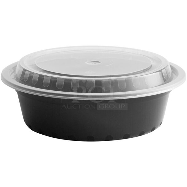 Box of BRAND NEW! Choice 129MCR32B 32 oz. Black 7 1/4" Round Microwavable Heavy Weight Container with Lid - 10/Pack