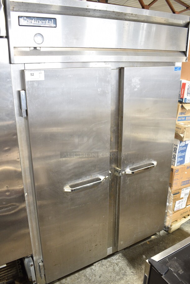 Continental 2R Stainless Steel Commercial 2 Door Reach In Cooler on Commercial Casters. 115 Volts, 1 Phase. Tested and Working! - Item #1126989