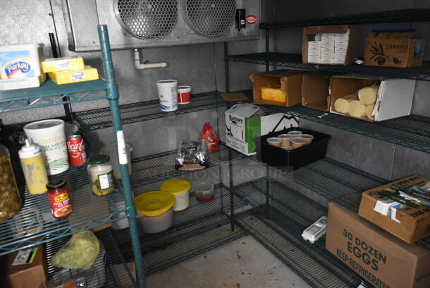 ALL ONE MONEY! Lot of Green Wire Shelving Units. Does Not Include Contents. BUYER MUST REMOVE: BUYER MUST DISMANTLE. PCI CANNOT DISMANTLE FOR SHIPPING. PLEASE CONSIDER FREIGHT CHARGES. (kitchen)