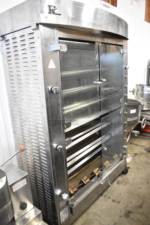 Rotisol 1350.8 Stainless Steel Commercial Floor Style Natural Gas Powered Rotisserie Oven on Commercial Casters.