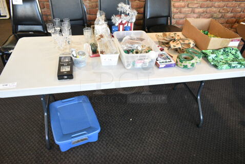 Dining Height Folding Table w/ Contents Including Glasses and St Patricks Day Decor. (booth room) 