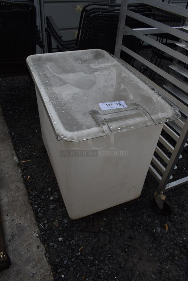 White Poly Ingredient Bin w/ Clear Lid on Commercial Casters.
