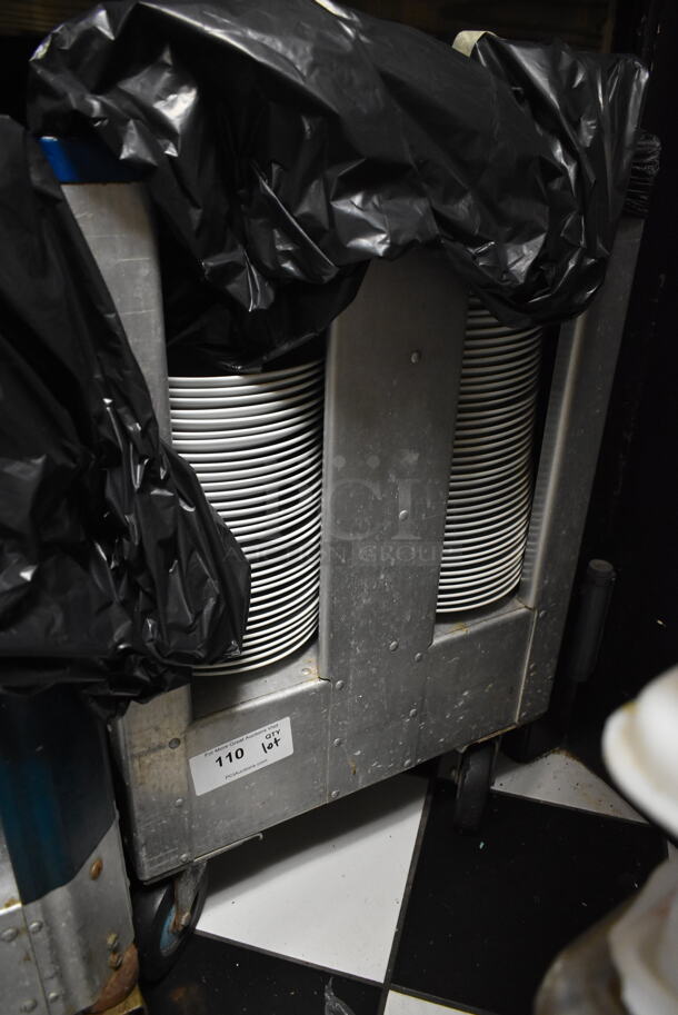 Metal Commercial Dish Carts on Commercial Casters w/ Contents Including Ceramic Plates. (ice room)