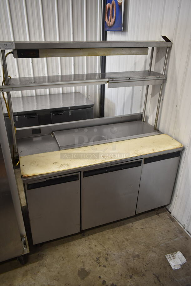 Delfield Stainless Steel Commercial Pizza Prep Table w/ 2 Over Shelves on Commercial Casters. Tested and Working!