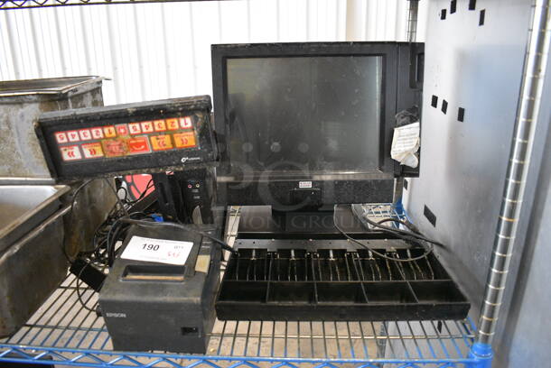 Wincor Nixdorf 15" POS Monitor, Epson Model M244A Receipt Printer, Lenovo Processor, Bump Bar and Cash Drawer Insert.