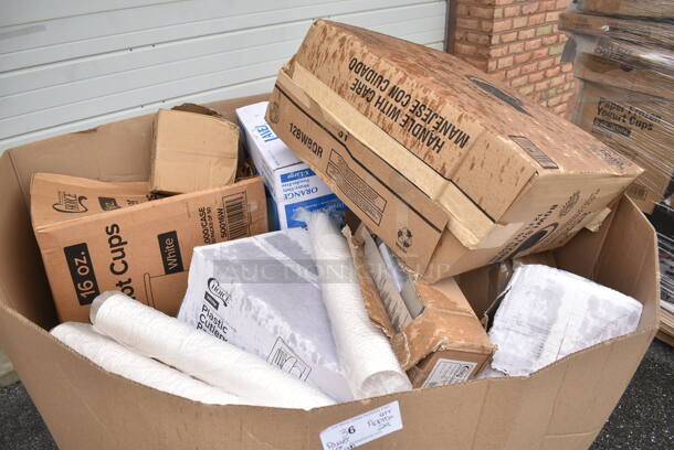 PALLET LOT of 22 BRAND NEW Items Including 50016W Choice 16 oz. White Poly Paper Hot Cup - 1000/Case, 612509L Choice 9" Round Foil-Laminated Board Lid - 500/Case, 130WHFKSNX500 Choice White Extra Heavy Weight Wrapped Plastic Cutlery Pack with Napkin - 500/Case, 346WSNSPM Choice Medium Weight White Wrapped Plastic Spork, Napkin, and Salt / Pepper Packets Kit - 500/Case, 482-001 54" x 108" White Tissue / Poly Table Cover - 25/Case, Dart 12BWBQR Quiet Classic 10-12 oz. Black Laminated Foam Bowl - 1000/Case, 130GDSPN400H Visions 6 3/4" Hammersmith Heavy Weight Gold Plastic Spoon - 400/Case, 5003DNAP Creative Converting 591031B Classic Red 3-Ply Paper Dinner Napkin - 250/Case. 22 Times Your Bid! 