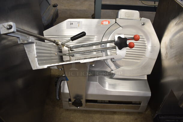 Stainless Steel Commercial Countertop Automatic Meat Slicer w/ Blade Sharpener. 220 Volts, 1 Phase. 