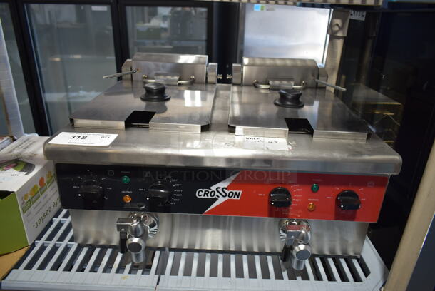 BRAND NEW SCRATCH AND DENT! 2023 Crosson EF-6V-2 Stainless Steel Commercial Countertop Electric Powered 2 Bay Fryer w/ 2 Metal Fry Baskets. 120 Volts, 1 Phase.