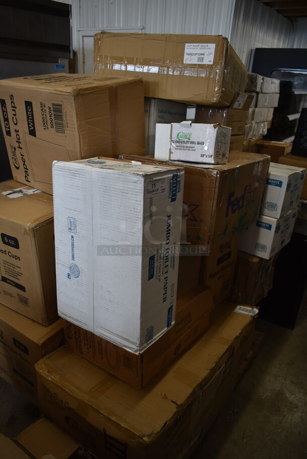 PALLET LOT of 25 BRAND NEW Boxes Including 2 Box 760SOUP6WB Choice 6 oz. White Double Poly-Coated Paper Food Cup - 1000/Case, 50010W Choice 10 oz. White Poly Paper Hot Cup - 1000/Case, 760SOUP32WB Choice 32 oz. White Double Poly-Coated Paper Food Cup - 500/Case, Choice Utility Roll Bags, 3 Box 5002TPJSELCM Lavex Select Compact Jumbo Jr. 550' 2-Ply Toilet Tissue Roll with 7" Diameter - 12/Case, 500LFLAT Choice 9, 12, 16, 20, and 24 oz. Clear Flat Lid with Straw Slot - 50/Pack, 109CARTBLGBK Choice Black Utility / Bussing Cart with Three Shelves - 42" x 20", SRKD-3 Speed Rail, 5008W Choice 8 oz. Tall White Poly Paper Hot Cup - 1000/Case, 3 Box 959SL24 Libbey SL-24 Slate 10 1/2" x 4 3/8" Ultra Bright White Wide Rim Rectangular Porcelain Plate - 12/Case, 2 Box Lavex Jumbo Toilet Paper, 3 Box 347TCL5 Choice 5 oz. Clear Disposable Plastic Tumbler - 500/Case, 966TALLFLDB Choice White Tall-Fold 6" x 13" Dispenser Napkin - 8000/Case 25 Times Your Bid!