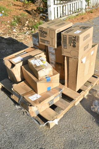 9 BRAND NEW Boxes Including 164TB2222 Lancaster Table & Seating 22" x 22" Cross Cast Iron Table Base Plate, 808B1449ACD Superlevel Self Adjusting Table Foot - 4/Pack, 407KRPLAS13 Choice 13-Slot Plastic Wall Mount Knife Rack, 2 Box Libbey 7508 Vina 12.75 oz. Customizable Tall Wine Glass - 12/Case, 117321310 AllPoints 32-1310 5' x 1/2" ID Fryer Oil Filter Hose, 4558022026 32 oz. Tall Plastic Iced Tea Design Souvenir Cup with Straw and Lid - 200/Case. 9 Times Your Bid! 