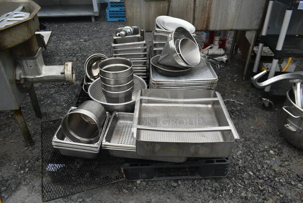 ALL ONE MONEY! PALLET LOT of Various Metal Baking Pans, Stainless Steel Drop In Bins and Strainers.