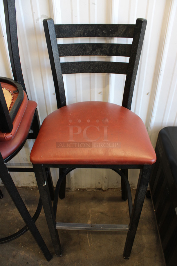3 Black Metal Bar Height Chairs w/ Red Cushion. Stock Picture - Cosmetic Condition May Vary. 17x17x44. 3 Times Your Bid!