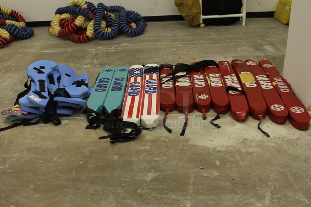 ALL ONE MONEY! Lot of Various Life Jacket / Floating Devices. Three Guard Floats Not Included; One Blue, One Striped and One Red. (Main Building)
