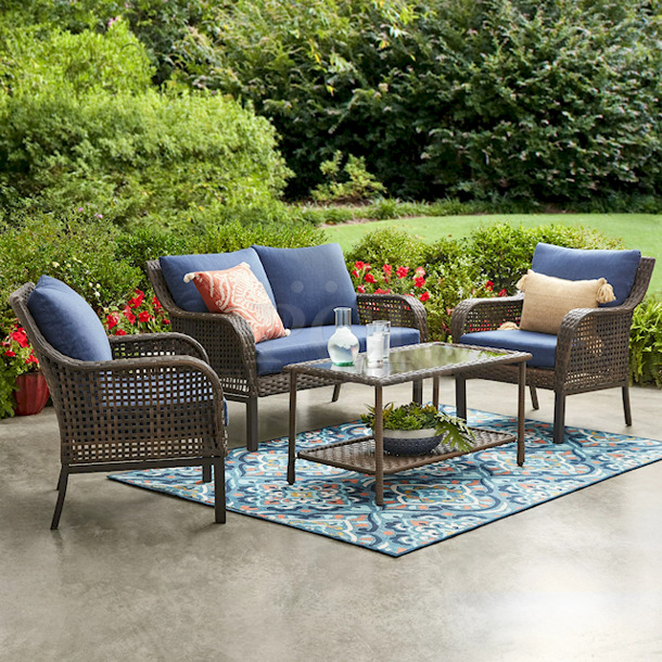 Mainstays Tuscany Ridge Outdoor 4 Piece Wicker Conversation Set, Blue. 4-piece patio furniture set includes a cushioned loveseat, two chairs, and a coffee table. Each chair measures 30.75"D x 30.75"W x 32.75"H; Loveseat measures 52"W x 30.75"D x 32.75" H; Coffee table measures 21.5"W x 38"D x 19.5"H. 2x Your Bid
