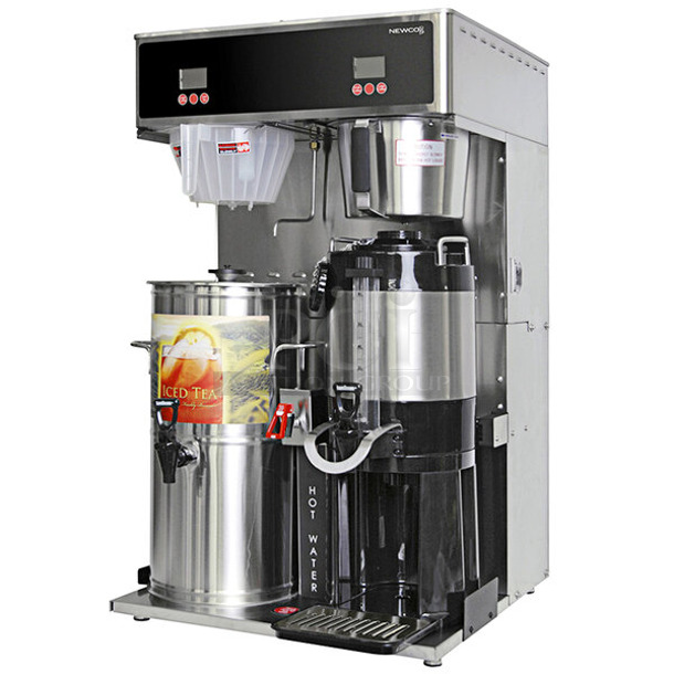 BRAND NEW SCRATCH AND DENT! 2024 Newco GDF-P Stainless Steel Commercial Countertop Double Coffee Machine w/ Hot Water Dispenser and 2 Metal Brew Baskets. Does Not Come w/ Satellite Servers. 120/240 Volts, 1 Phase. 