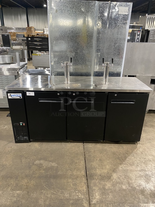 NICE! Avantco Commercial Refrigerated Dual Tower Kegerator! With Towers! With 3 Door Storage Space Underneath! Poly Coated Racks! Model: 178UDD378 SN:6436334321083608 115V - Item #1127755