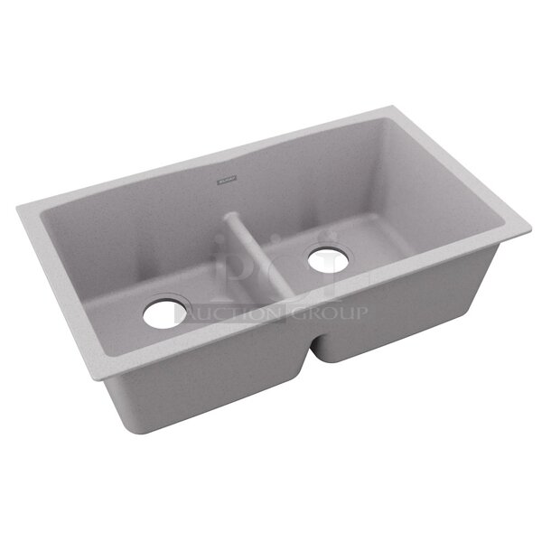 BRAND NEW SCRATCH AND DENT! Elkay ELGDULB3322GS0 Elkay Quartz Classic 33" x 19" x 10" Equal Double Bowl Undermount Sink with Aqua Divide Greystone. Stock Picture Used For Gallery Picture.