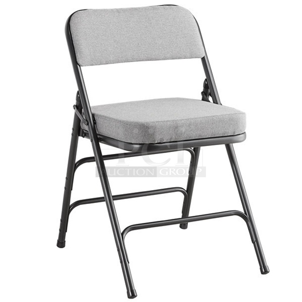 Box of 4 BRAND NEW SCRATCH AND DENT! Lancaster Table & Seating Grey Fabric Folding Chair with 2" Padded Seat
