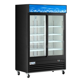 BRAND NEW SCRATCH AND DENT! 2023 Avantco 178GDS47HCB  53" Black Customizable Sliding Glass Door Merchandiser Refrigerator with LED Lighting and Poly Coated Racks. See Pictures for Broken Glass. 115 Volts, 1 Phase. Tested and Powers On But Does Not Get Cold
