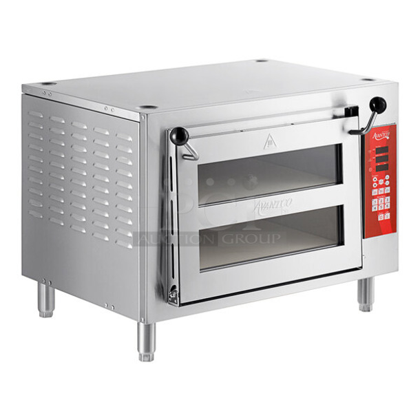 BRAND NEW SCRATCH AND DENT! Avantco 177DDPO18DSM Stainless Steel Commercial Countertop Electric Powered Double Deck Pizza / Bakery Oven with Digital Controls. 240 Volts, 1 Phase. 
