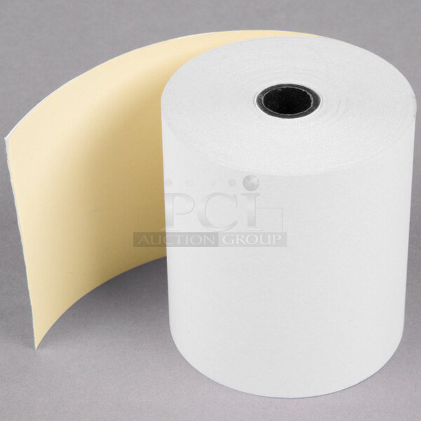 BRAND NEW SCRATCH AND DENT! Lot of 4 Point Plus 999RR17016 3" x 90' Carbonless 2-Ply Cash Register POS Paper Roll Tape Five Packs