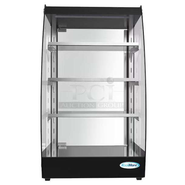 BRAND NEW SCRATCH AND DENT! KoolMore DC-3CB Metal Commercial Countertop Display Case 4 Tier Self Service Pastry Case with LED lighting and Rear Door. Tested and Working! - Item #1117865
