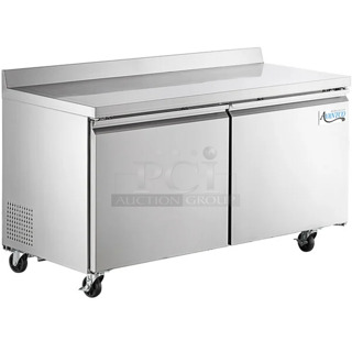 BRAND NEW SCRATCH AND DENT! 2024 Avantco 178SSWT60RHC Stainless Steel Commercial 2 Door Work Top Cooler on Commercial Casters. 115 Volts, 1 Phase. 