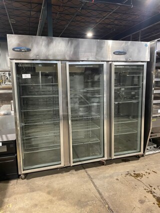 Hoshizaki Commercial 3 Door Reach In Refrigerator Merchandiser! All Stainless Steel! With Poly Coated Shelves! On Casters! 115V 1 Phase! Model: CR3S-FGYCR SN: F60047C!