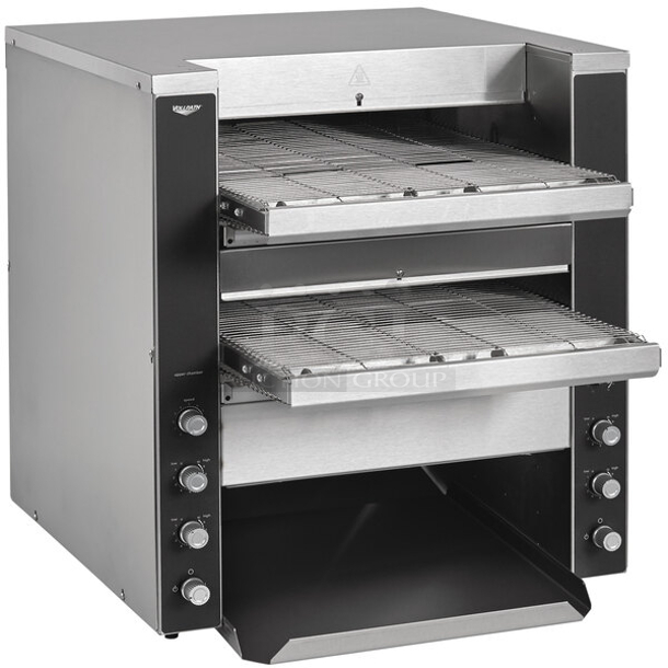 BRAND NEW SCRATCH & DENT! Vollrath CT4-240DUAL JT4 Dual Conveyor Toaster with 1 1/2"-3" and 1 1/2" Openings - 240V, 4900W. S/N: O011-01710303-001 Bottom Shelf is bent and the top and minor scratching. 20 1/4 x 28 3/4 x 23 1/2 