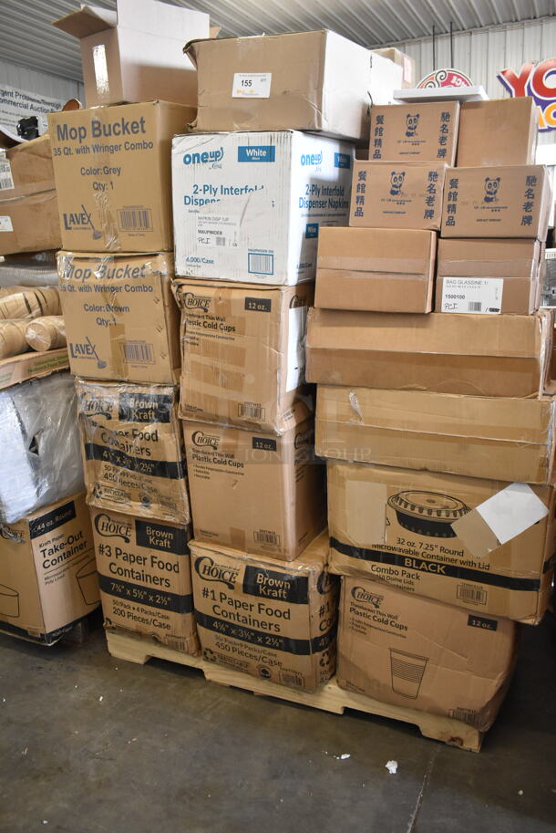 PALLET LOT of 40 BRAND NEW Boxes Including 2 Box 795PTOKFT1 Choice 4 5/8" x 3 1/2" x 2 1/2" Kraft Microwavable Folded Paper #1 Take-Out Container - 450/Case, 795PTOKFT3 Choice Kraft Microwavable Folded Paper #3 Take-Out Container 7 3/4" x 5 1/2" x 2 1/2" - 200/Case, 2 Box 500TW12 Choice 12 oz. Translucent Thin Wall Plastic Cold Cup - 1000/Case, 966UPWIDEB-500 OneUp Choice White Dispenser Napkin, 274MOPBCKTGY Lavex 35 Qt. Gray Mop Bucket & Side Press Wringer Combo, 129MCR32B Choice 32 oz. Black Round Microwavable Heavy Weight Container with Lid 7 1/4" - 150/Case, 1500100 Kari-Out Company 1/2 lb. Square Glassine Bag - 1000/Case, 3 Box 1/2 LB Glassine Bags, 433NHTBIO EcoChoice 1/6 Standard Size Biodegradable Standard-Duty Plastic T-Shirt Bag - 500/Case, 394403L Noble Large Gloves. 40 Times Your Bid!