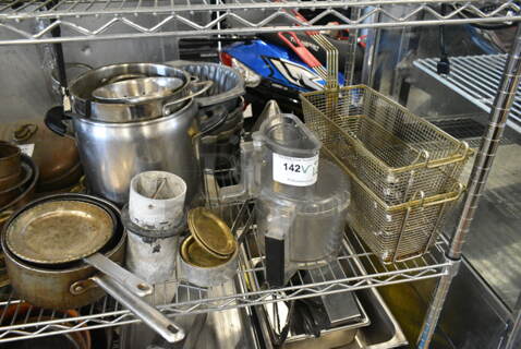 ALL ONE MONEY! Lot of Various Items Including Metal Fry Baskets, Food Processor Bowl, China Cap Strainer, Metal Bundt Cake Pans. 