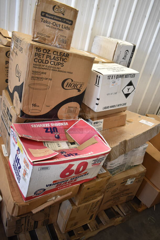 PALLET LOT of 30 BRAND NEW Boxes Including 760SOUP8WPL Choice 8 oz. White Double Poly-Coated Paper Food Cup with Vented Plastic Lid - 250/Case, 3 Box 128HD8BULK ChoiceHD 8 oz. Microwavable Translucent Plastic Deli Container - 480/Case, 500CC16 Choice Plastic Cold Cup, 612527PCO Choice 7" Round Standard Weight Foil Take-Out Pan with Dome Lid - 200/Case, 612P558 Choice 8" Clear Round Plastic Dome Lid - 500/Case, 160TCPR83WH Choice 83" Round White 100% Spun Polyester Hemmed Cloth Table Cover, 2 Box 128HDLDBULK ChoiceHD Microwavable Translucent Plastic Deli Container Lid - 480/Case, 37T019 Libbey 9" Plates, 500TW35 Choice 3.5 oz. Translucent Thin Wall Plastic Cold Cup - 2500/Case, 394365L Noble Products Powder-Free Disposable Clear Vinyl Gloves for Foodservice - Large - 1000/Case, 245CB12PLN Choice 12" x 12" x 2" Kraft Customizable Corrugated Plain Pizza Box - 50/Case, 500PMGREEKBL Choice 10" x 14" Greek Key Blue Placemat - 1000/Case, 129MCS24W Choice 24 oz. White 8" x 5 1/4" x 2" Rectangular Microwavable Heavy Weight Container with Lid - 150/Case, 347TCL7 CUP 7OZ TUMBLER CL 500 CHOICE, 2 Box 129MCR32B Choice 32 oz. Black 7 1/4" Round Microwavable Heavy Weight Container with Lid - 10/Pack, 760SOUP12WP Choice 12 oz. White Double Poly-Coated Paper Food Cup with Vented Plastic Lid - 250/Case. 30 Times Your Bid!