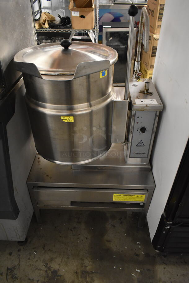 2011 Cleveland KET-12-T Stainless Steel Commercial Countertop Electric Powered 12 Gallon Steam Kettle Tilting Kettle on Stand. 240 Volts, 3 Phase.