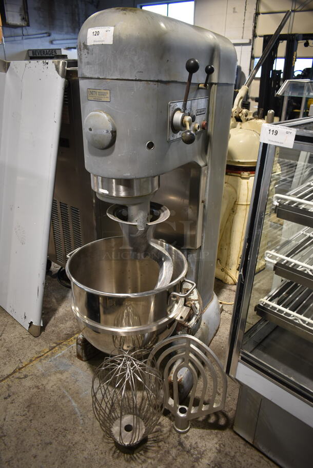 Hobart M 802 Metal Commercial Floor Style 80 Quart Planetary Dough Mixer w/ Stainless Steel Mixing Bowl, Dough Hook, Whisk and Paddle Attachments. 200 Volts, 3 Phase. 