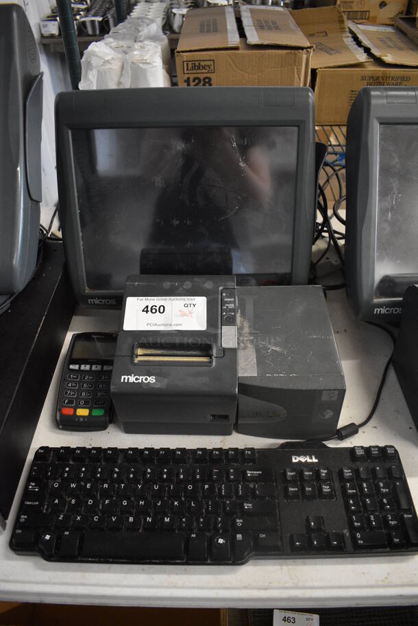 ALL ONE MONEY! Lot of Micros 15" POS Monitor, Epson Model M129H Receipt Printer, Powervar Model ABCG152-11 Power Conditioner, Ingenico iPP320 Credit Card Reader and Keyboard