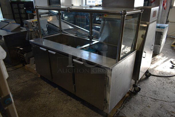 2013 Leader LM72 S/C Stainless Steel Commercial Open Top Prep Table w/ Sneeze Guard and 3 Doors. 115 Volts, 1 Phase. Tested and Powers On But Does Not Get Cold