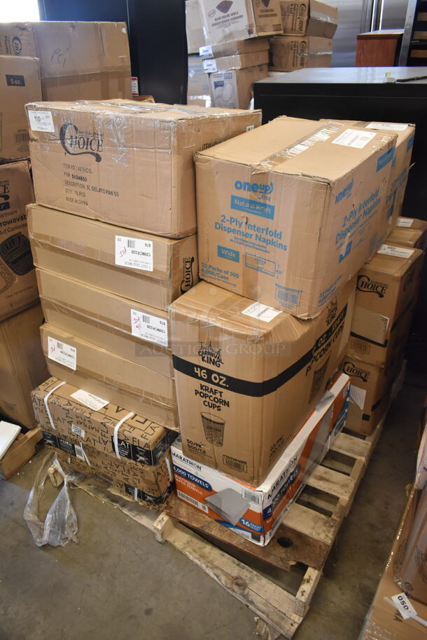 PALLET LOT of 20 BRAND NEW Boxes Including 966UPWIDEKFT OneUp by Choice Kraft 2-Ply Wide Interfold 6 1/2" x 8 1/2" Dispenser Napkin - 6000/Case, 129MCS28B Choice 28 oz. Black Rectangular Microwavable Heavy Weight Container with Lid 8 3/4" x 6 1/4" x 1 3/4" - 150/Case, 760VB46KR Carnival King Kraft 46 oz. Popcorn Cup - 500/Case, Marathon Multifold Paper Towels, 3 Box 129MCR32B Choice 32 oz. Black Round Microwavable Heavy Weight Container with Lid 7 1/4" - 150/Case, 4070IC5L Choice 5 Liter Stainless Steel Gelato Pan, 3 Box Flat FBT2093A01 Auto Adjust Base, 245CB7PLN Choice 7" x 7" x 2" Kraft Customizable Corrugated Plain Pizza Box - 50/Case, 612PIE9EDEEP Baker's Mark 9" x 1 1/4" Extra Deep Foil Pie Pan - 500/Case. 20 Times Your Bid!