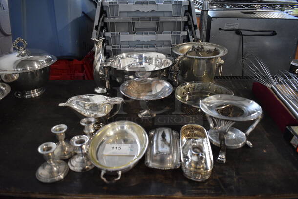 ALL ONE MONEY! Lot of 17 Various Metal Items; Stands, Candlestick Holders, Butter Trays and Gravy Boats. Includes 12x12x6