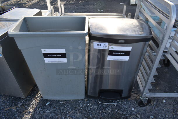2 Trash Cans; Gray Poly and Metal. 2 Ties Your Bid!