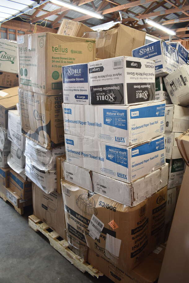 PALLET LOT of 45 BRAND NEW Boxes Including 5002386022BLK Lavex 55-60 Gallon 22 Micron 38" x 60" High Density Black Janitorial Can Liner / Trash Bag - 150/Case, 394365L Noble Products Powder-Free Disposable Clear Vinyl Gloves for Foodservice - Large - 1000/Case, 2 Box 130BSPOON Choice Medium Weight Black Plastic Teaspoon - 1000/Case, 394325L Noble NexGen Powder-Free Disposable Blue Hybrid 3 Mil Thick Gloves - 1000/Case, 5002CPTE Lavex 2-Ply White Center Pull Paper Towel 510' Roll - 6/Case, 612558HD Choice 8" Round Heavy Weight Foil Take-Out Pan - 500/Case, 3 Box Lavex Hardwound 665' Rolls, 128HD32COMBO ChoiceHD 32 oz. Microwavable Translucent Plastic Deli Container and Lid Combo Pack - 240/Case, 2 Box 346WKFSNSPM Choice White Medium Weight Wrapped Plastic Cutlery Pack with Napkin and Salt / Pepper Packets - 500/Case, 500CC12 Choice Clear PET Customizable Plastic Cold Cup - 12 oz. - 1000/Case, Tellus Round Domed Lids, 407PZS12BULK Choice Bulk 12" Aluminum Pizza Screen - 24/Case, 130LID16 Visions 16" Clear PET Plastic Round Catering Tray High Dome Lid - 25/Case. 45 Times Your Bid! 