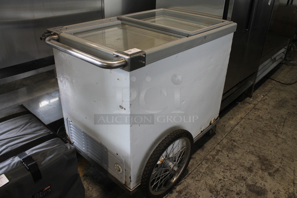 Metal Commercial Mobile Ice Cream Chest Freezer Merchandiser on Casters. Tested and Powers On But Does Not Get Cold